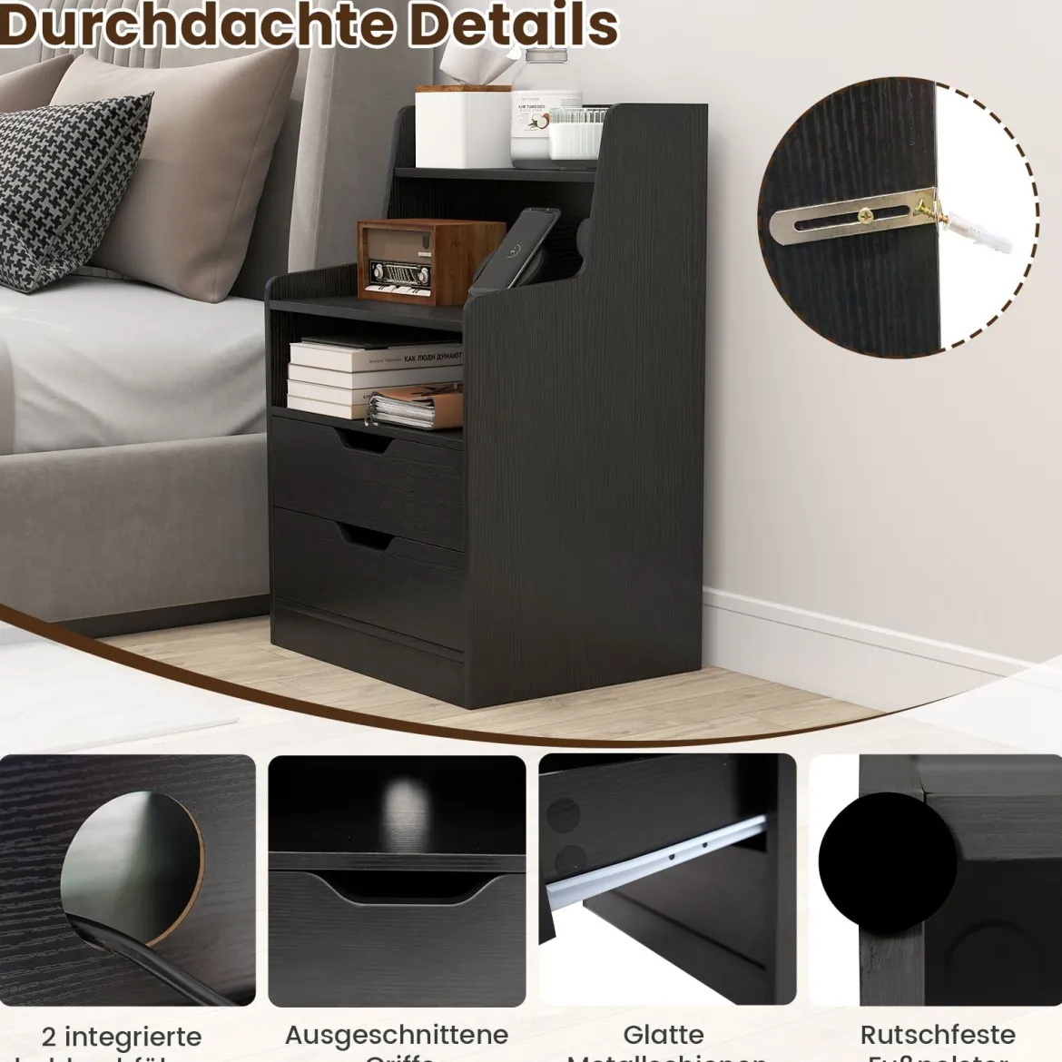 Nachttisch mit LED-Lichtern & Ladestation Beistelltisch mit 2 Schubladen & offenem Fach moderner Nachtschrank Schwarz