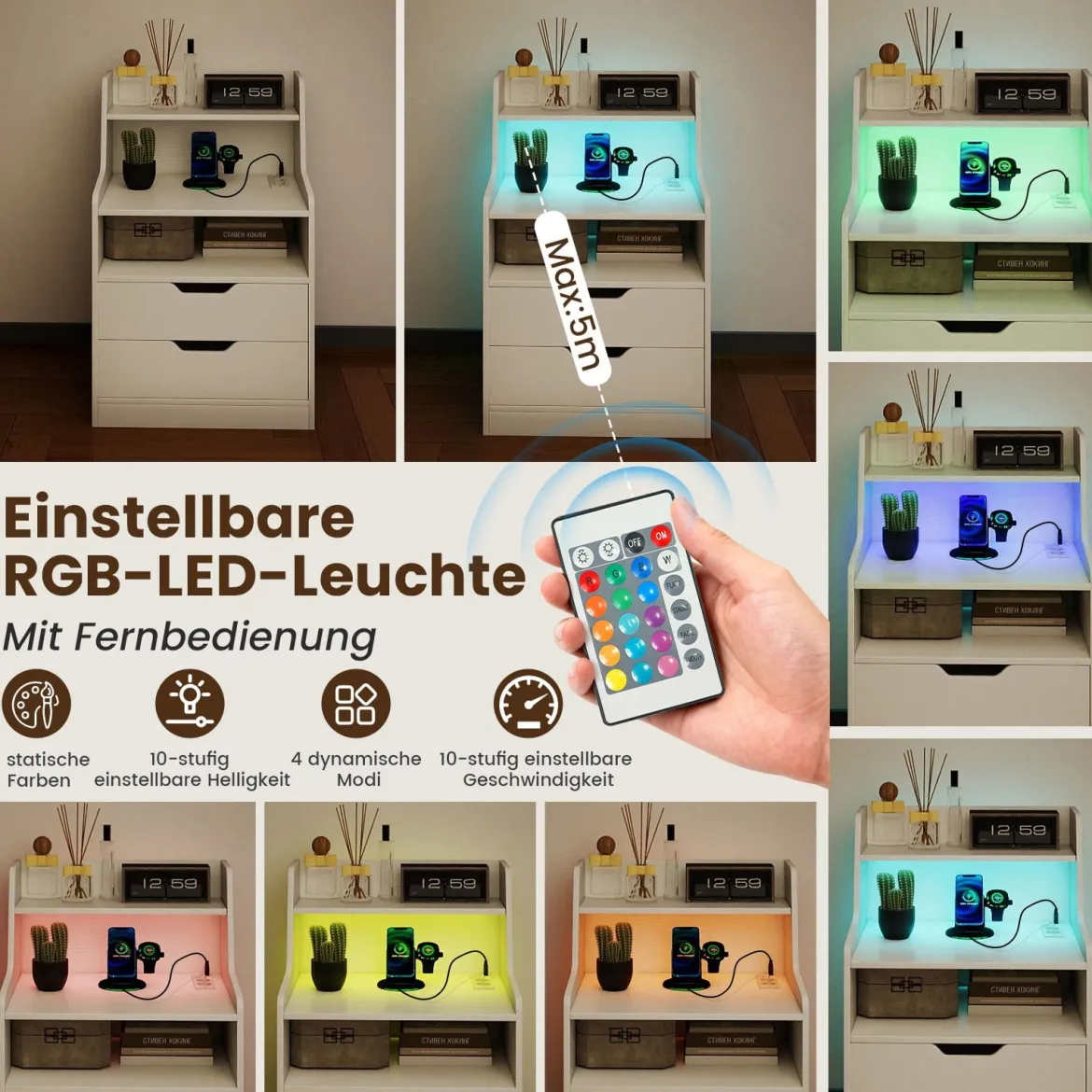 Nachttisch mit LED-Lichtern & Ladestation Beistelltisch mit 2 Schubladen & offenem Fach moderner Nachtschrank Weiß