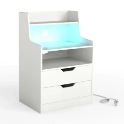 Nachttisch mit LED-Lichtern & Ladestation Beistelltisch mit 2 Schubladen & offenem Fach moderner Nachtschrank Weiß