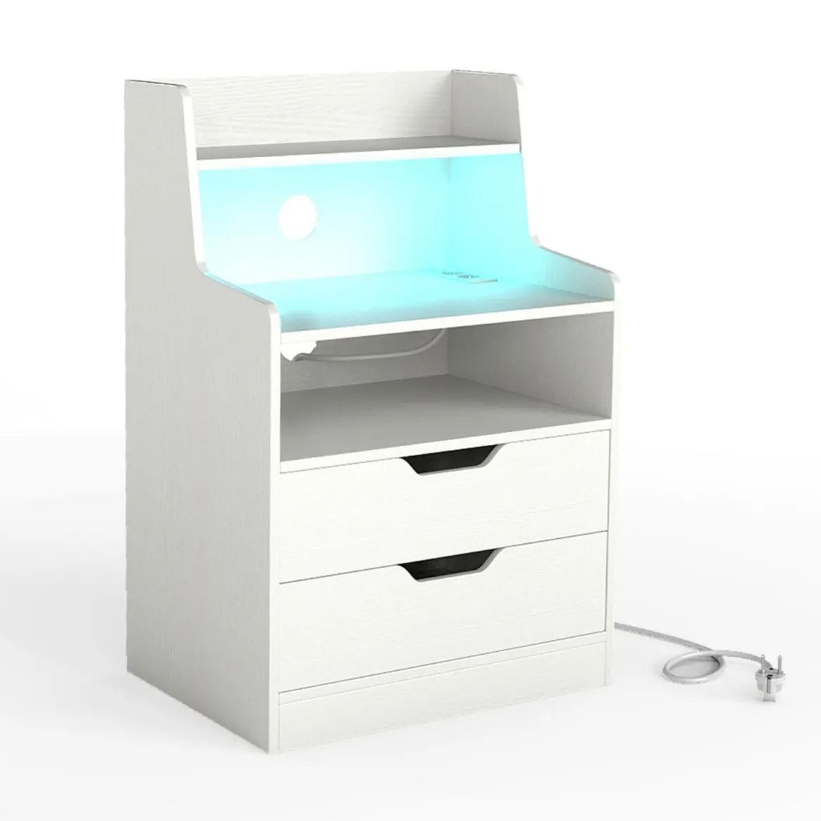 Nachttisch mit LED-Lichtern & Ladestation Beistelltisch mit 2 Schubladen & offenem Fach moderner Nachtschrank Weiß