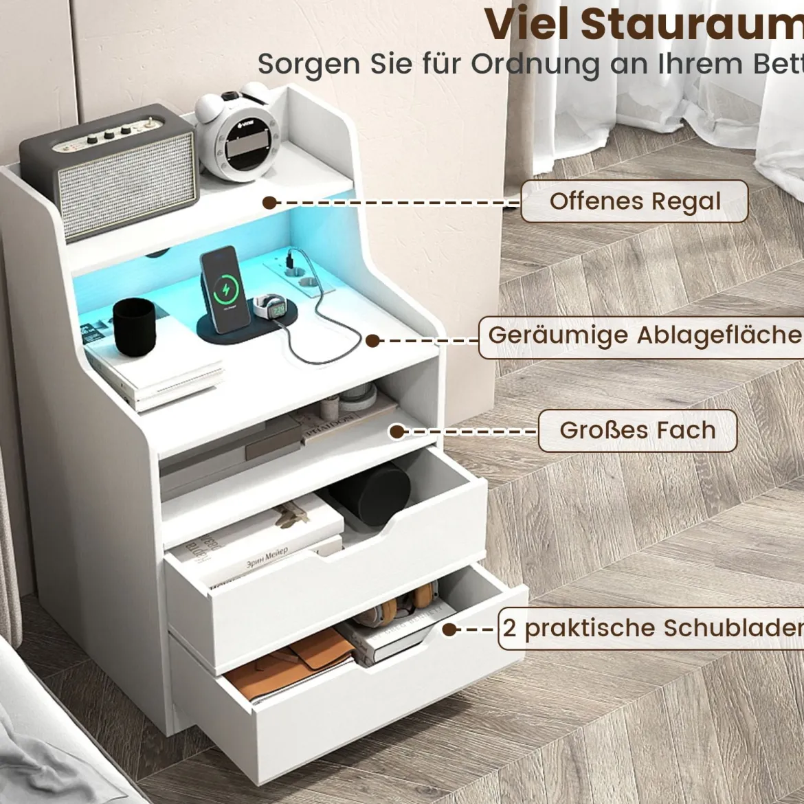Nachttisch mit LED-Lichtern & Ladestation Beistelltisch mit 2 Schubladen & offenem Fach moderner Nachtschrank Weiß
