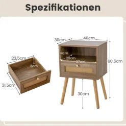 Nachttisch mit Rattanverzierung kleine Beistelltisch im Boho-Stil mit Schublade Natur