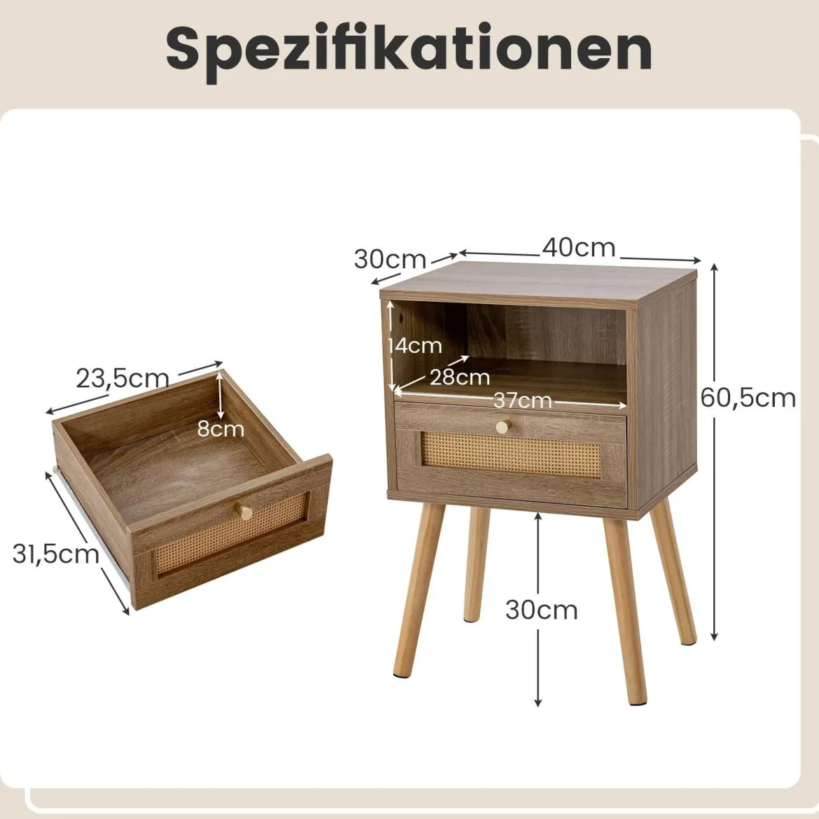 Nachttisch mit Rattanverzierung kleine Beistelltisch im Boho-Stil mit Schublade Natur