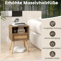 Nachttisch mit Rattanverzierung kleine Beistelltisch im Boho-Stil mit Schublade Natur