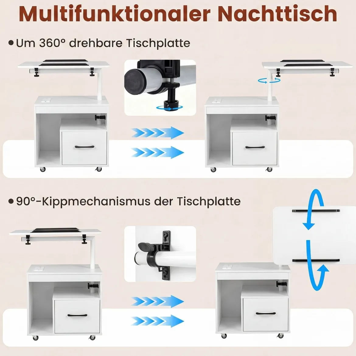 Nachttisch mit Rollen LED Nachtschrank mit Neigbarer Tischplatte Ladestation & Steckdosen Weiß