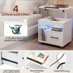 Nachttisch mit Rollen LED Nachtschrank mit Neigbarer Tischplatte Ladestation & Steckdosen Weiß
