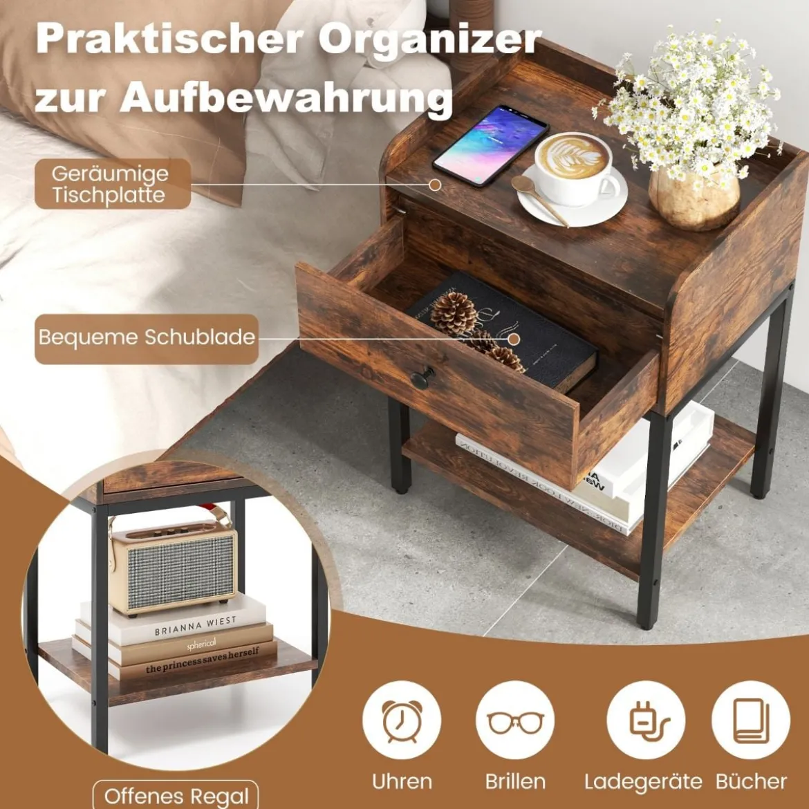 Nachttisch mit Schublade Beistelltisch mit offener Ablage 42 x 30 x 60 cm Rustikales Braun