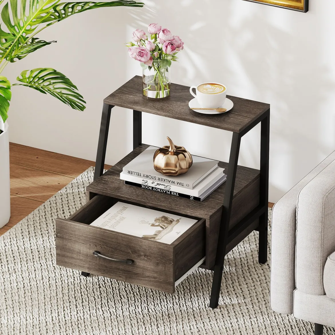 Nachttisch mit Schublade Beistelltisch mit offnem Regal und Metallrahmen Sofatisch Nachtkommode für Wohnzimmer 45 x 35 x 52,5 cm