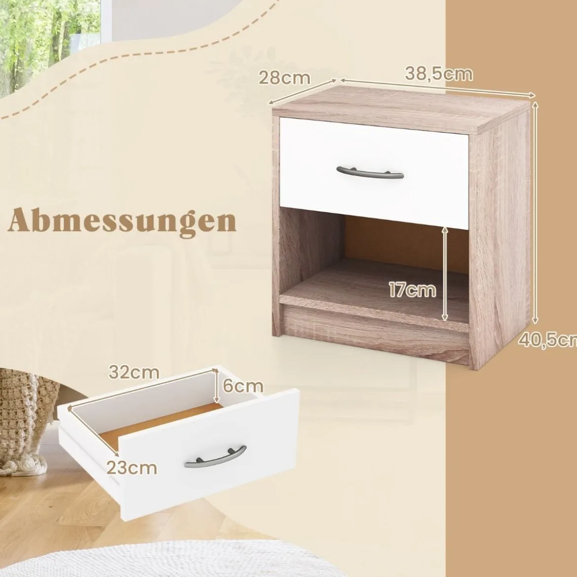 Nachttisch mit Schublade Kleiner Beistelltisch mit offenem Fach 38,5 x 28 x 40,5 cm