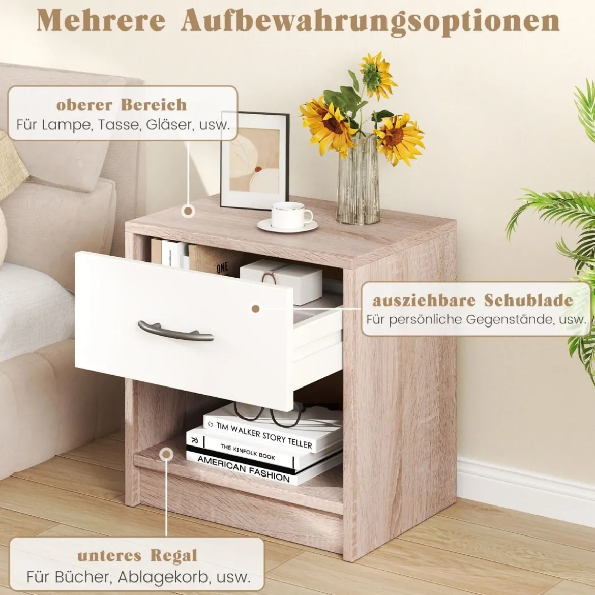 Nachttisch mit Schublade Kleiner Beistelltisch mit offenem Fach 38,5 x 28 x 40,5 cm