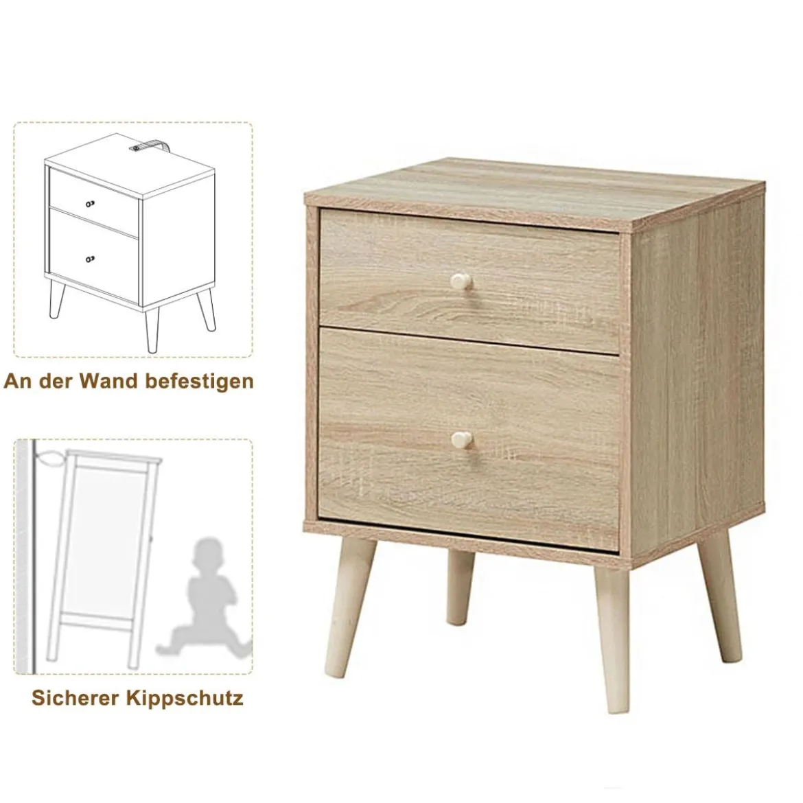 Nachttisch mit 2 Schubladen Beistelltisch Nachtkommode Nachtschrank Eiche