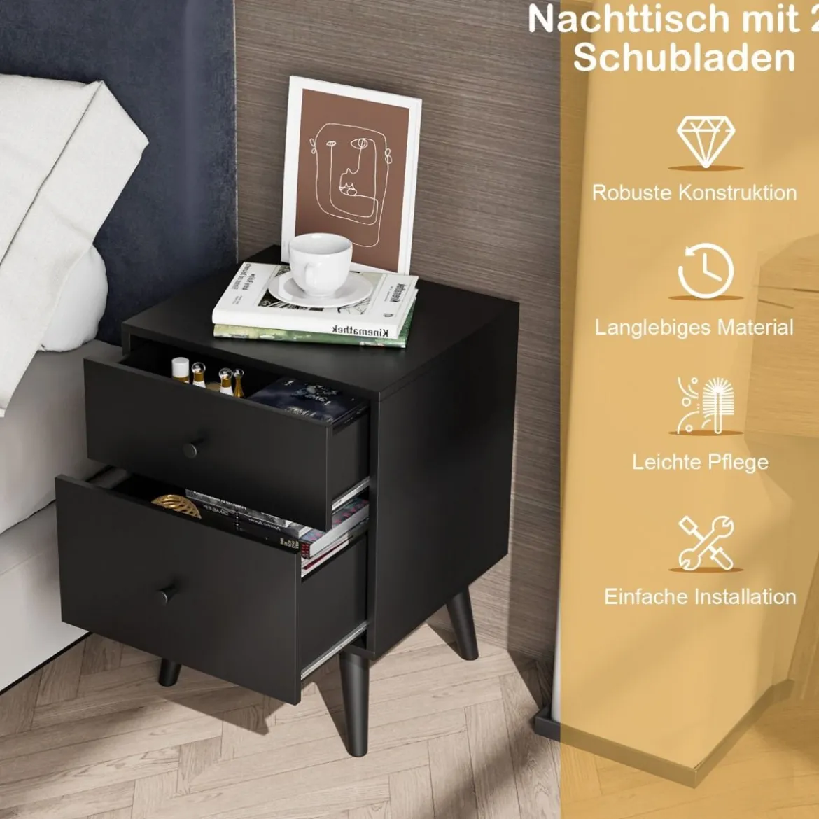 Nachttisch mit 2 Schubladen Beistelltisch mit Massivholzbeinen 45 x 39,5 x 62 cm Eiche