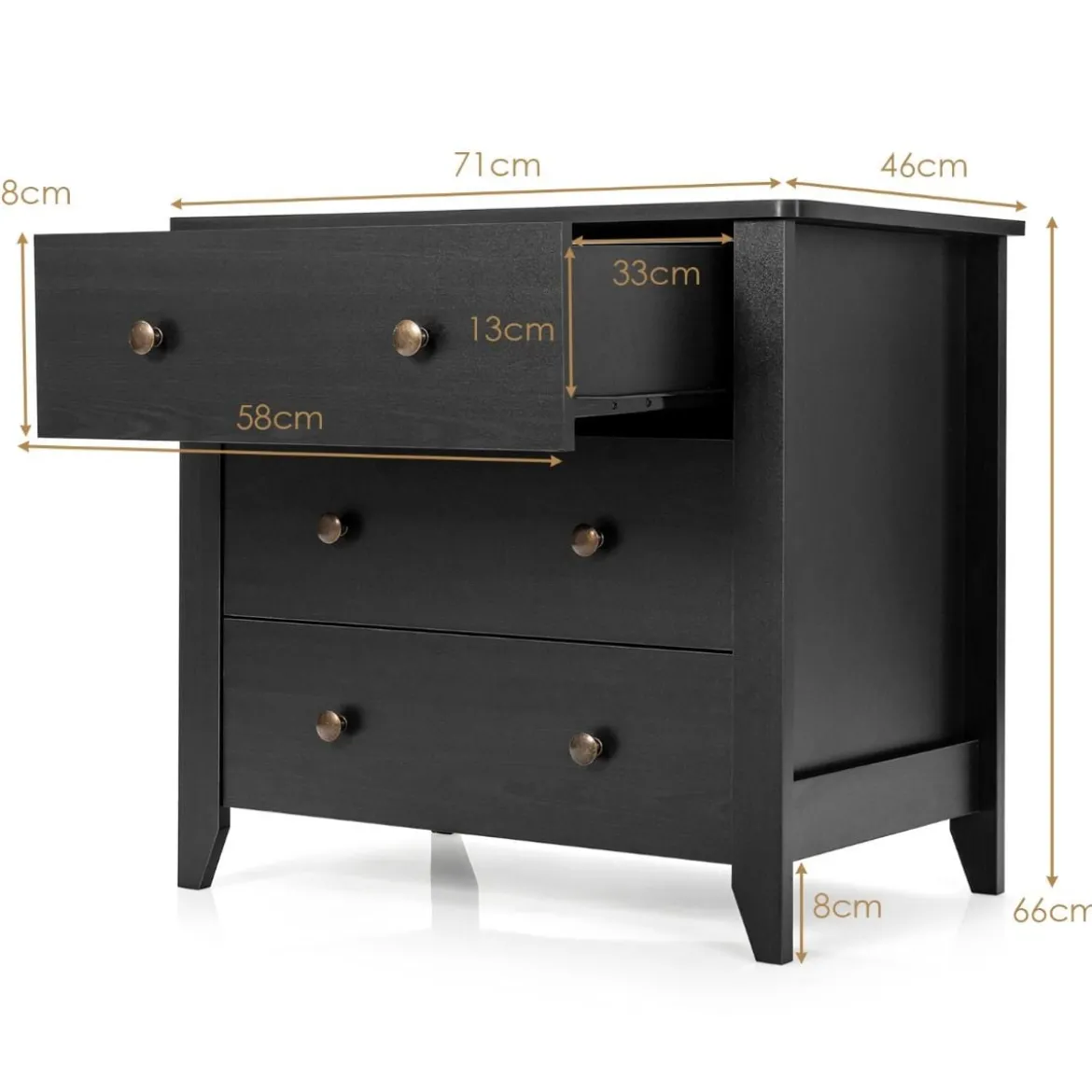 Nachttisch mit 3 Schubladen Beistelltisch mit Griffen aus Holz 71 x 46 x 66 cm Schwarz