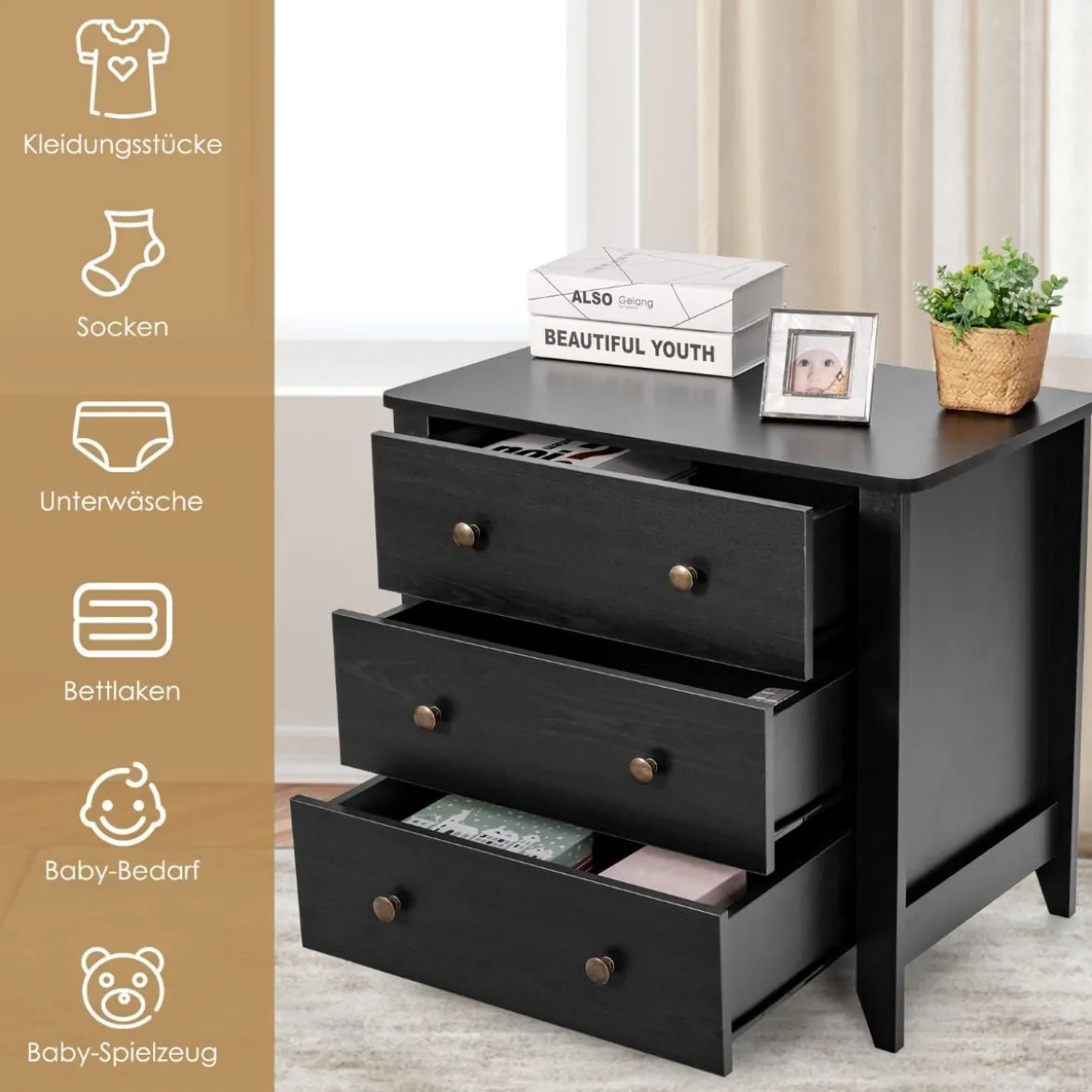 Nachttisch mit 3 Schubladen Beistelltisch mit Griffen aus Holz 71 x 46 x 66 cm Schwarz