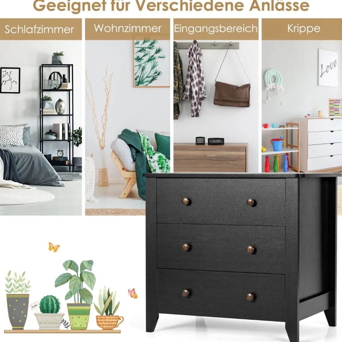 Nachttisch mit 3 Schubladen Beistelltisch mit Griffen aus Holz 71 x 46 x 66 cm Schwarz