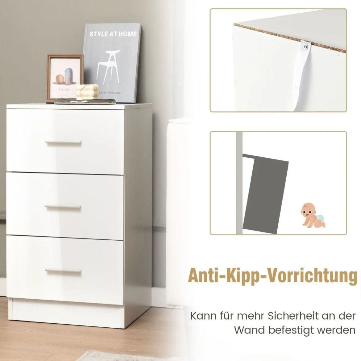 Nachttisch mit 3 Schubladen Hochglanz Nachtschrank 37,1 x 34,2 x 66,5 cm Weiß