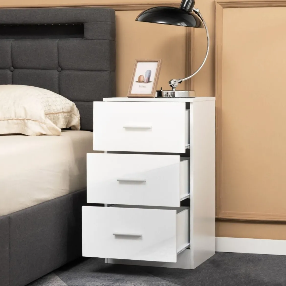 Nachttisch mit 3 Schubladen Hochglanz Nachtschrank 37,1 x 34,2 x 66,5 cm Weiß