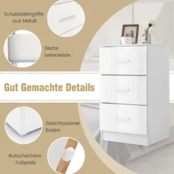 Nachttisch mit 3 Schubladen Hochglanz Nachtschrank 37,1 x 34,2 x 66,5 cm Weiß