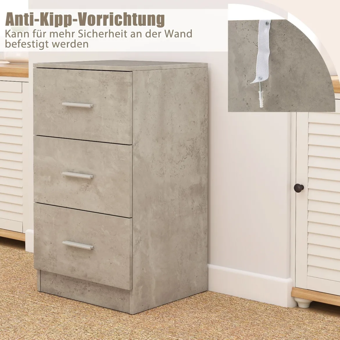Nachttisch mit 3 Schubladen Hochglanz Nachtschrank Nachtkommode für Boxspringbett 37 x 34 x 66,5 cm Zementgrau