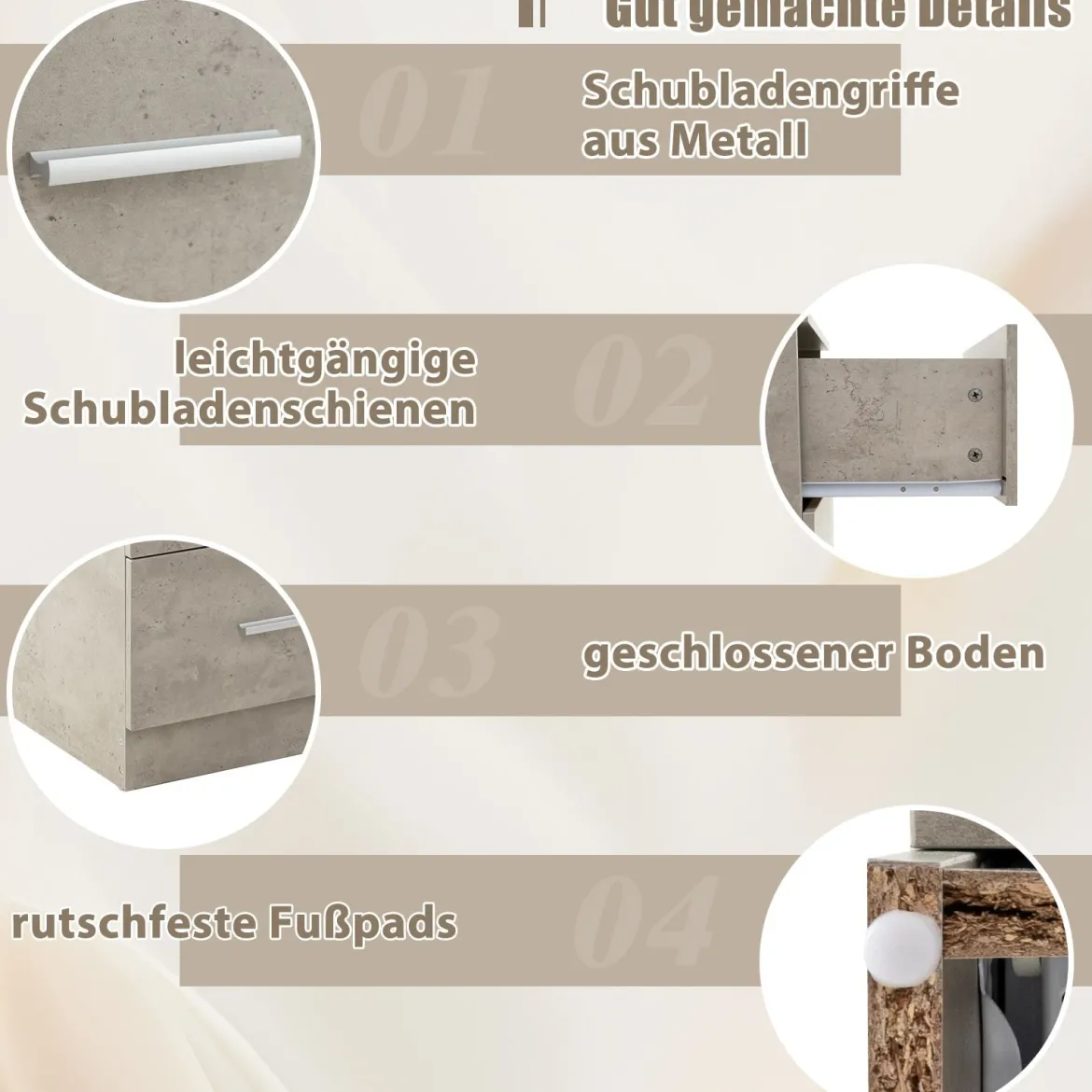 Nachttisch mit 3 Schubladen Hochglanz Nachtschrank Nachtkommode für Boxspringbett 37 x 34 x 66,5 cm Zementgrau