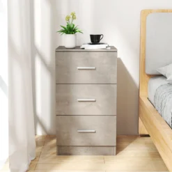Nachttisch mit 3 Schubladen Hochglanz Nachtschrank Nachtkommode für Boxspringbett 37 x 34 x 66,5 cm Zementgrau