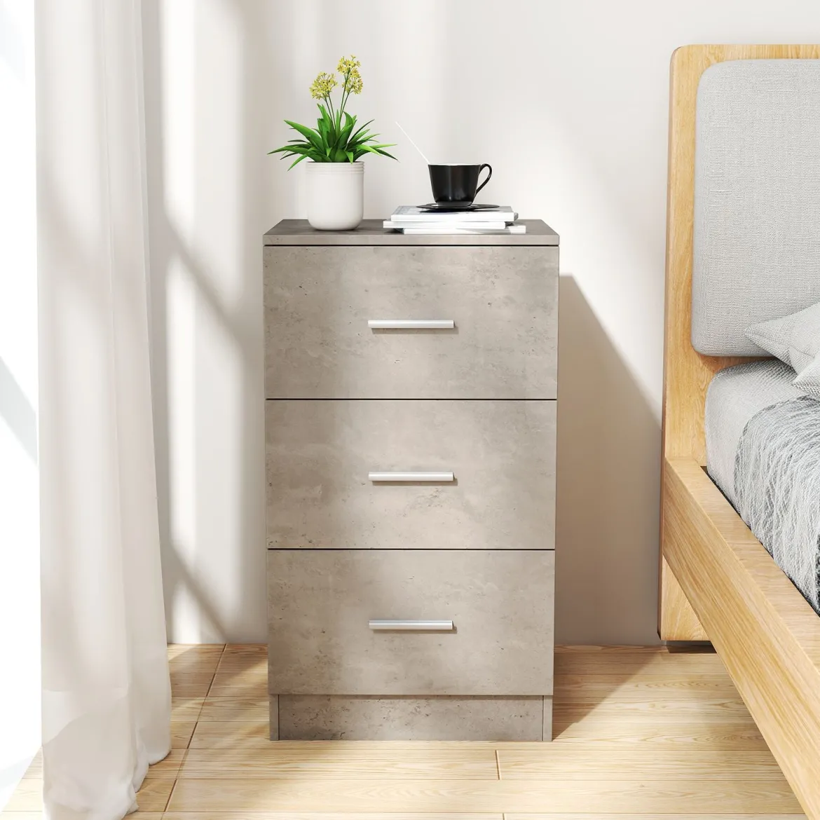 Nachttisch mit 3 Schubladen Hochglanz Nachtschrank Nachtkommode für Boxspringbett 37 x 34 x 66,5 cm Zementgrau
