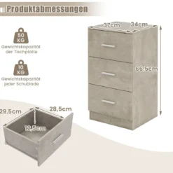 Nachttisch mit 3 Schubladen Hochglanz Nachtschrank Nachtkommode für Boxspringbett 37 x 34 x 66,5 cm Zementgrau
