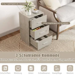Nachttisch mit 3 Schubladen Hochglanz Nachtschrank Nachtkommode für Boxspringbett 37 x 34 x 66,5 cm Zementgrau