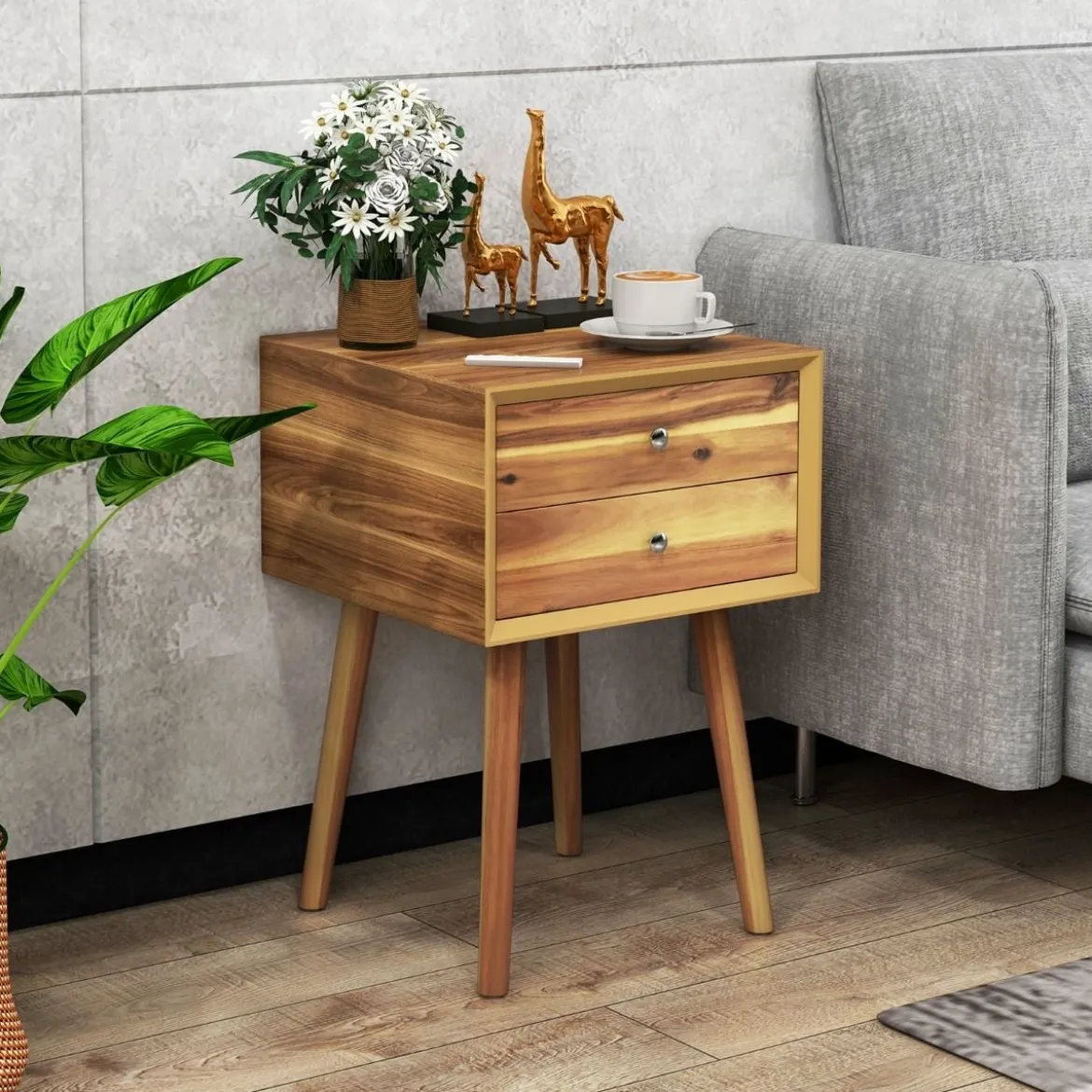 Nachttisch mit 2 Schubladen Kompakter Couchtisch aus Holz 40 x 40 x 59,5 cm Natur