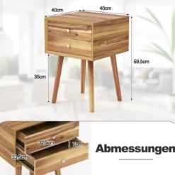 Nachttisch mit 2 Schubladen Kompakter Couchtisch aus Holz 40 x 40 x 59,5 cm Natur