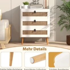 Nachttisch mit 3 Schubladen Massivholzbeine Nachtkommode im Boho-Stil 60 x 40 x 75 cm