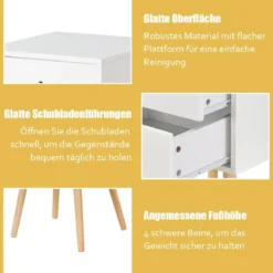 Nachttisch mit 2 Schubladen Moderner Nachttischschrank Beistelltisch Kautschukholzbeine Weiß