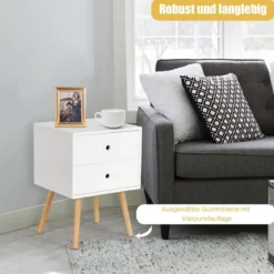Nachttisch mit 2 Schubladen Moderner Nachttischschrank Beistelltisch Kautschukholzbeine Weiß