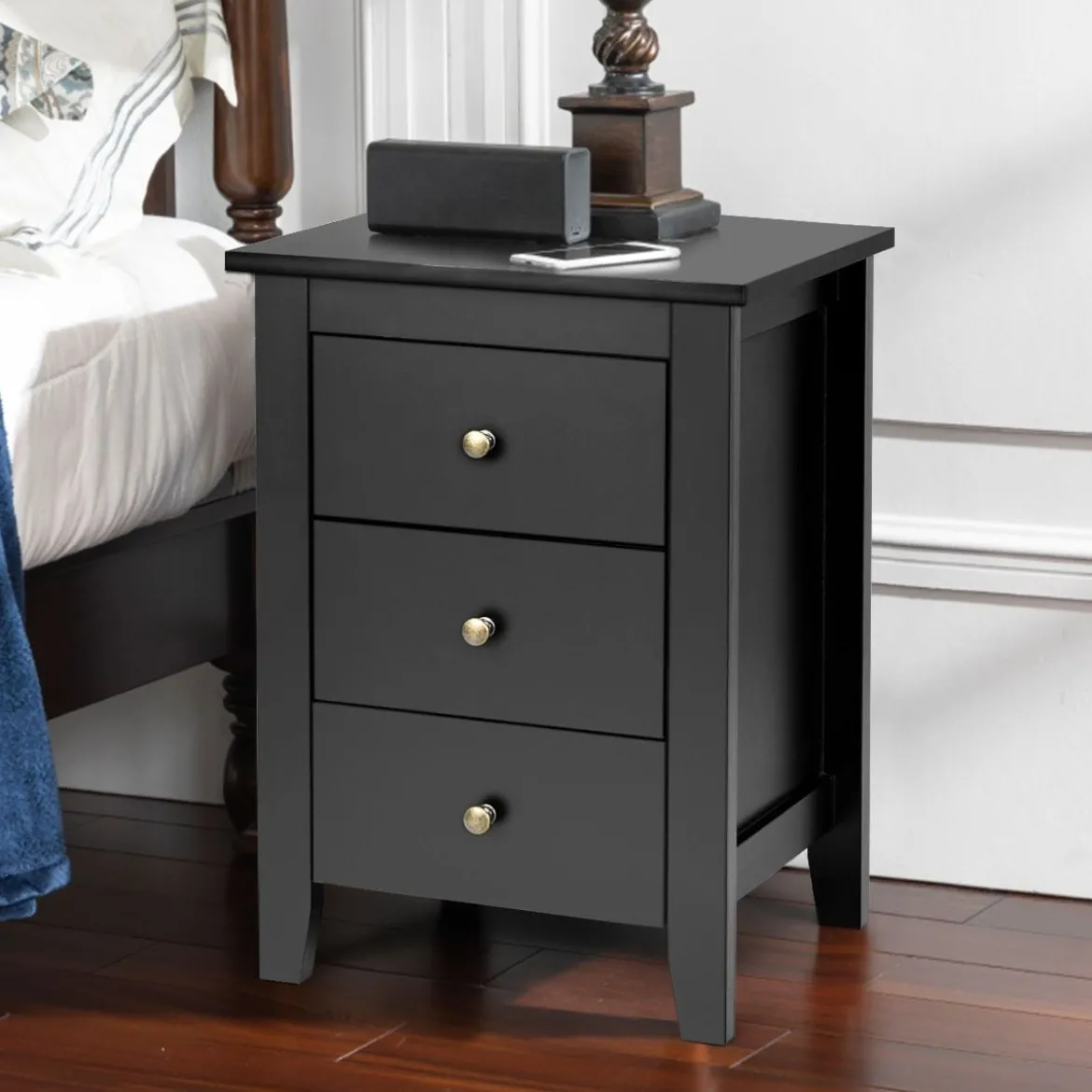 Nachttisch mit 3 Schubladen Nachtschrank für Boxspringbett 46 x 37 x 65 cm Schwarz