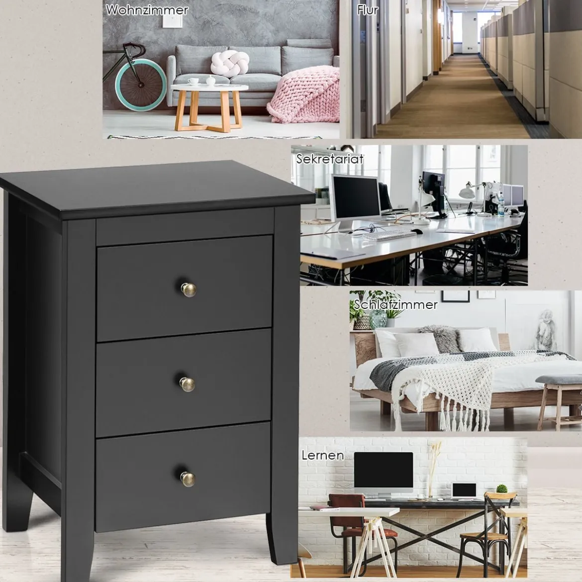 Nachttisch mit 3 Schubladen Nachtschrank für Boxspringbett 46 x 37 x 65 cm Schwarz