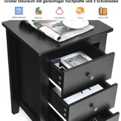Nachttisch mit 3 Schubladen Nachtschrank für Boxspringbett 46 x 37 x 65 cm Schwarz