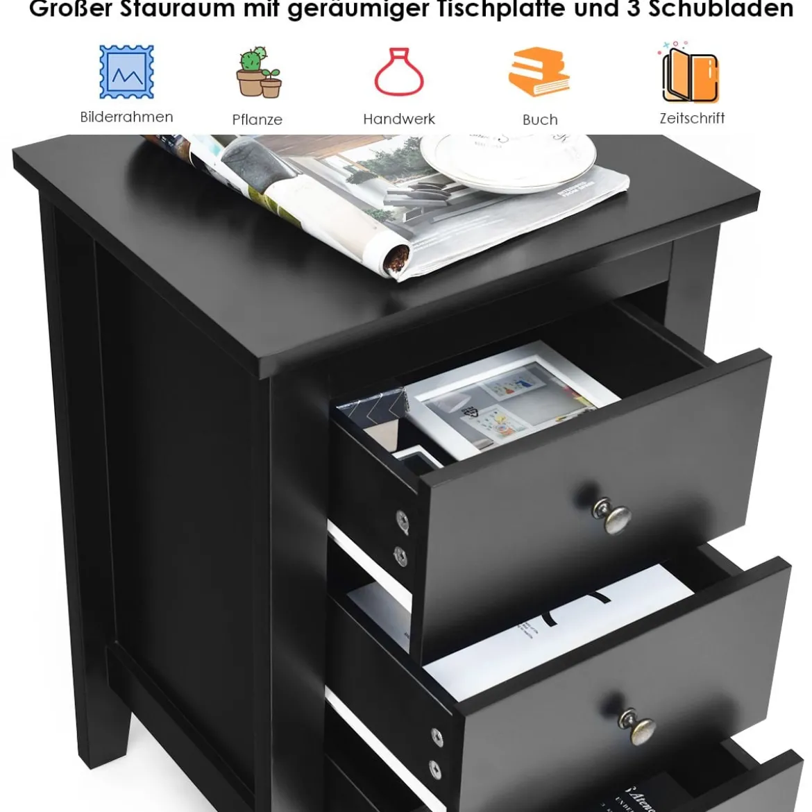 Nachttisch mit 3 Schubladen Nachtschrank für Boxspringbett 46 x 37 x 65 cm Schwarz