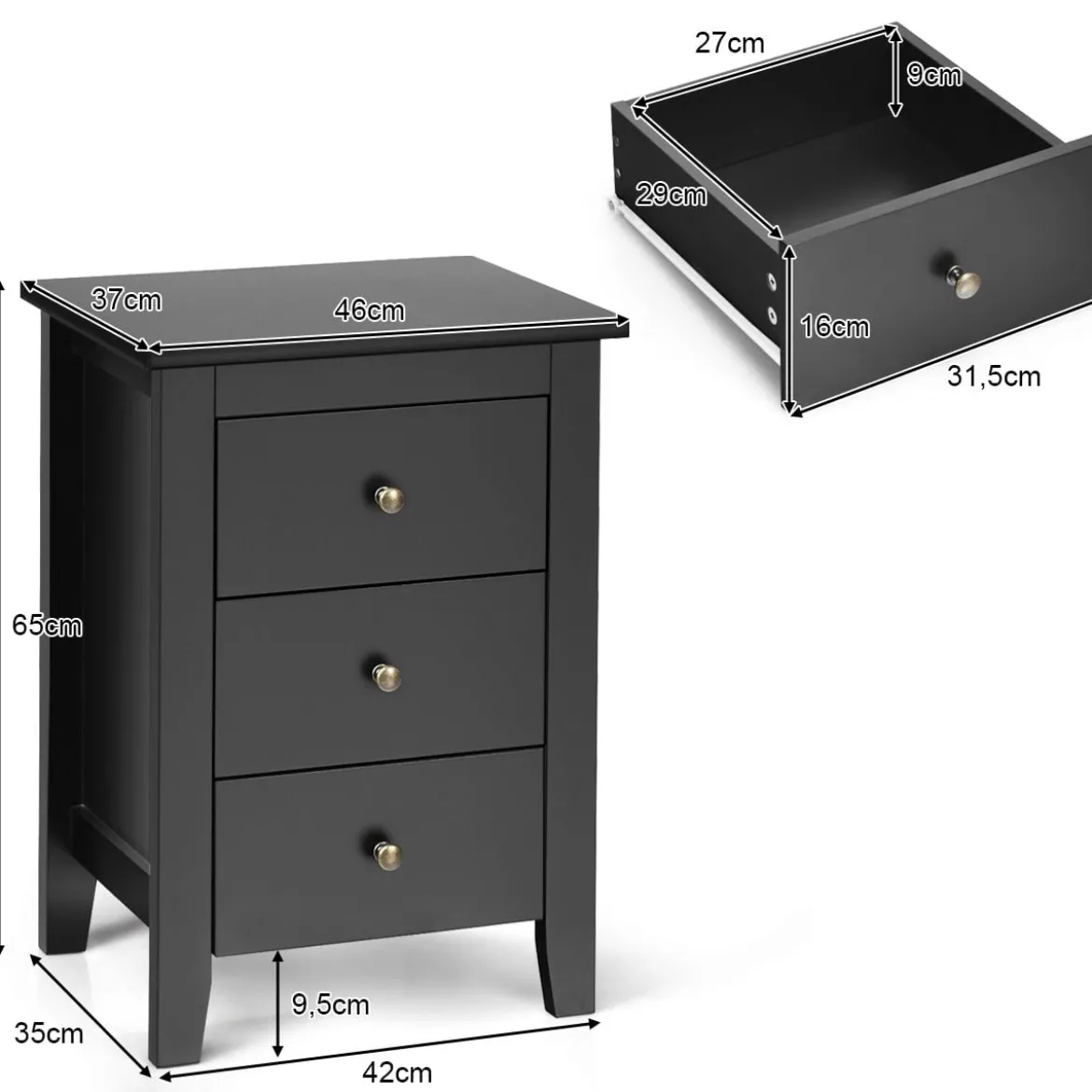 Nachttisch mit 3 Schubladen Nachtschrank für Boxspringbett 46 x 37 x 65 cm Schwarz