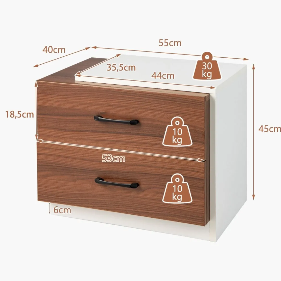 Nachttisch mit 2 Schubladen Nachtschrank aus Holz mit Stauraum Beistelltisch55 x 40 x 45 cm
