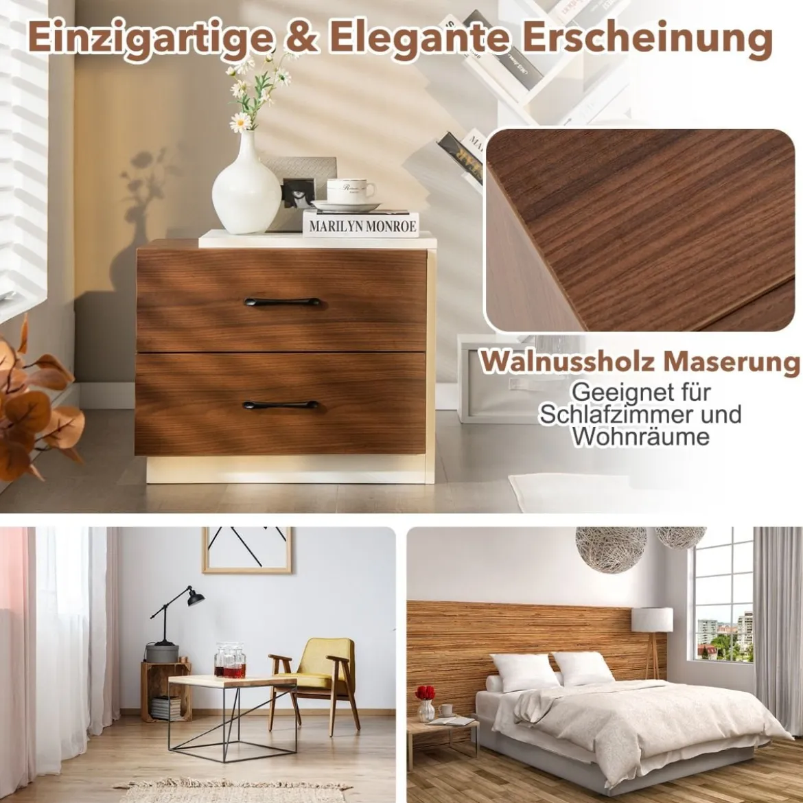 Nachttisch mit 2 Schubladen Nachtschrank aus Holz mit Stauraum Beistelltisch55 x 40 x 45 cm