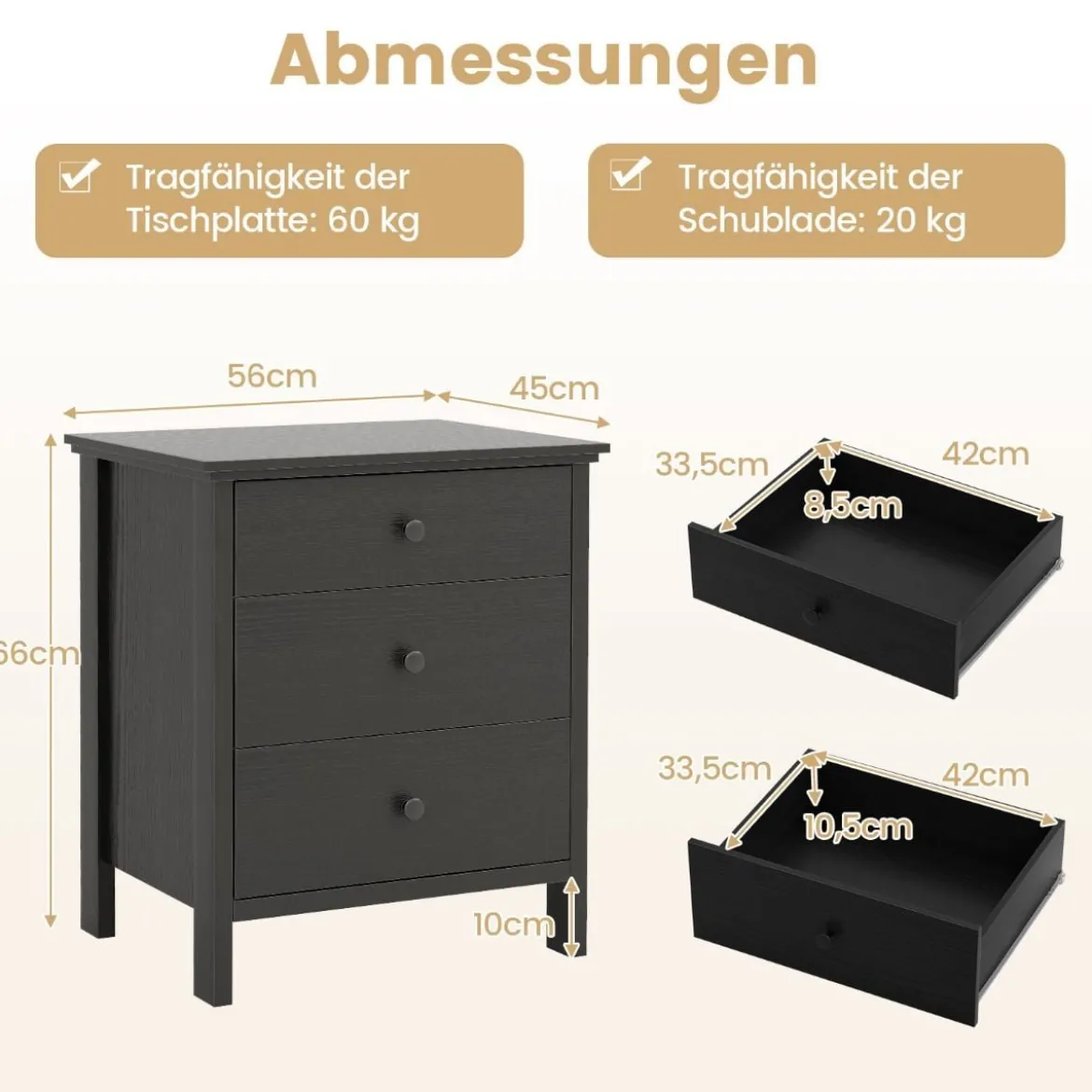 Nachttisch mit 3 Schubladen Nachtschrank für Boxspringbett 56 x 45 x 66 cm Schwarz