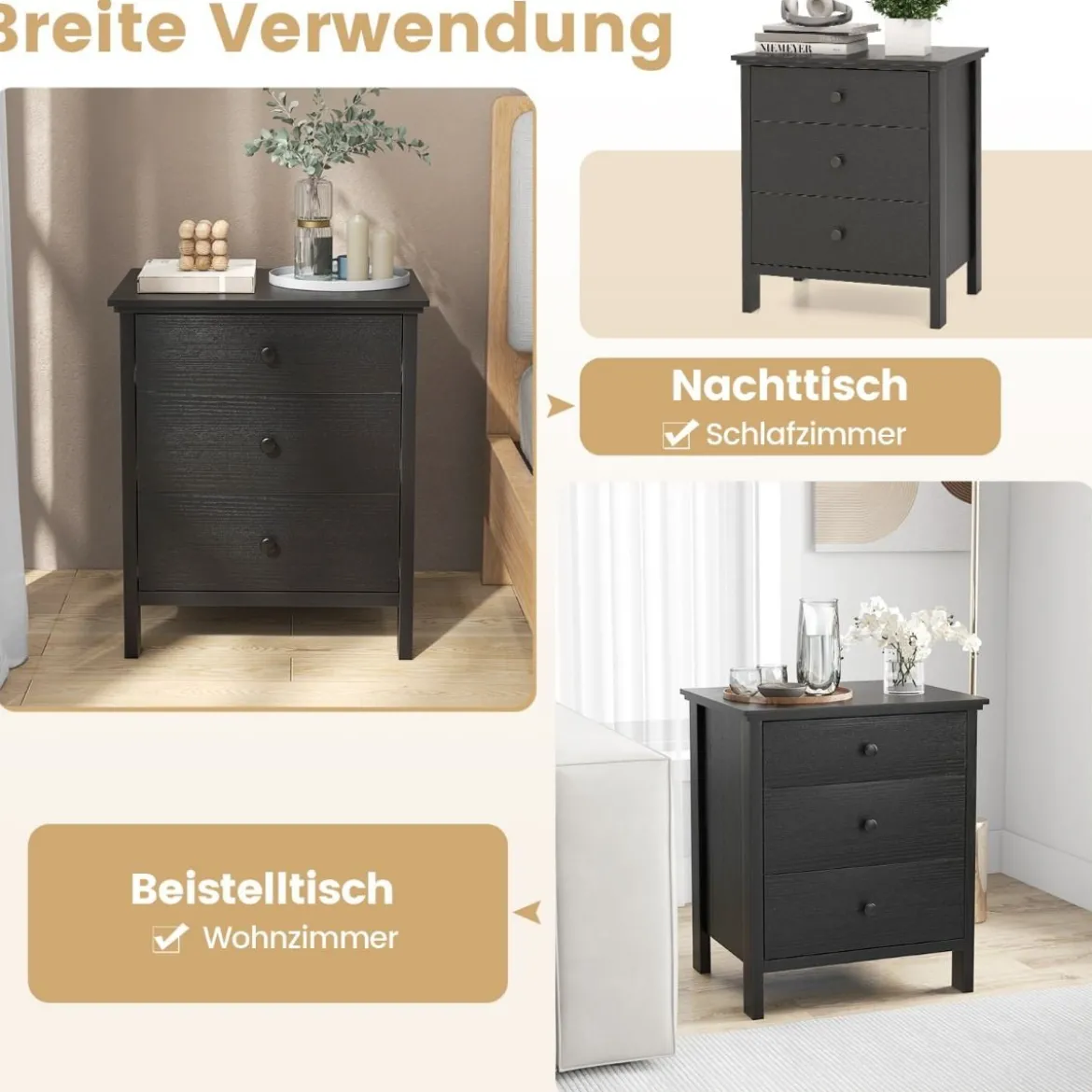 Nachttisch mit 3 Schubladen Nachtschrank für Boxspringbett 56 x 45 x 66 cm Schwarz