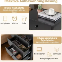 Nachttisch mit 3 Schubladen Nachtschrank für Boxspringbett 56 x 45 x 66 cm Schwarz