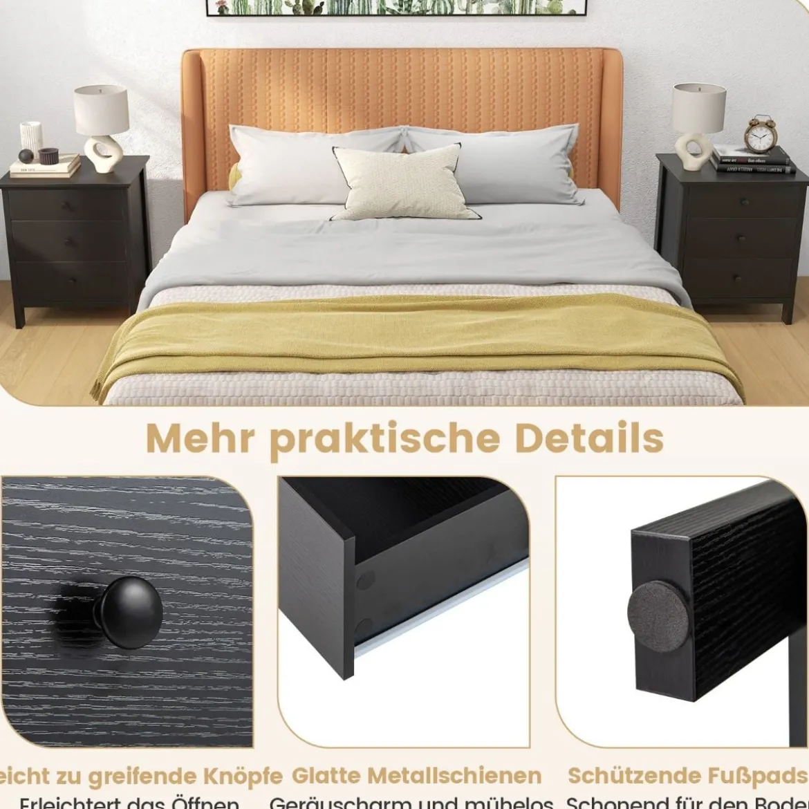 Nachttisch mit 3 Schubladen Nachtschrank für Boxspringbett 56 x 45 x 66 cm Schwarz