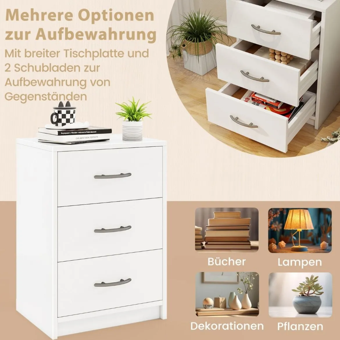 Nachttisch mit 3 Schubladen Nachtschrank für Boxspringbett 38,5 x 28 x 54 cm Weiß