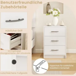 Nachttisch mit 3 Schubladen Nachtschrank für Boxspringbett 38,5 x 28 x 54 cm Weiß