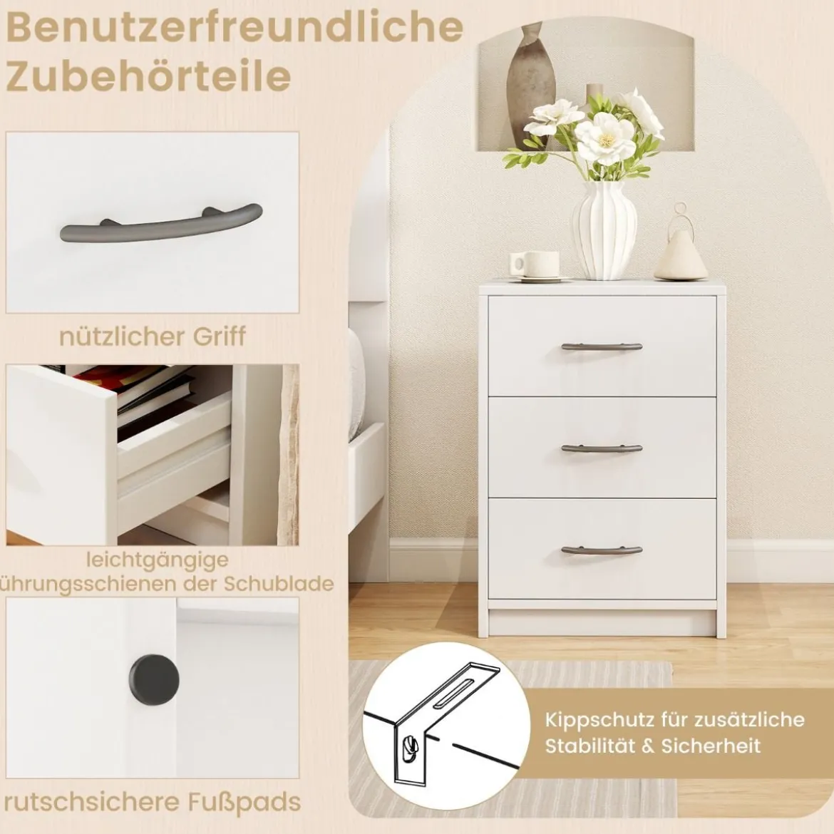 Nachttisch mit 3 Schubladen Nachtschrank für Boxspringbett 38,5 x 28 x 54 cm Weiß