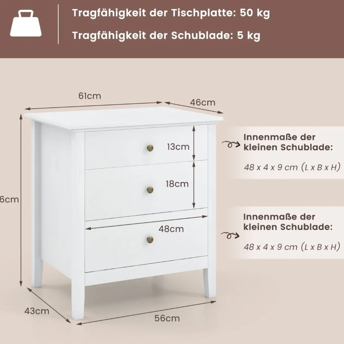 Nachttisch mit 3 Schubladen Nachtschrank für Boxspringbett Nachtkommode Nachtkonsole