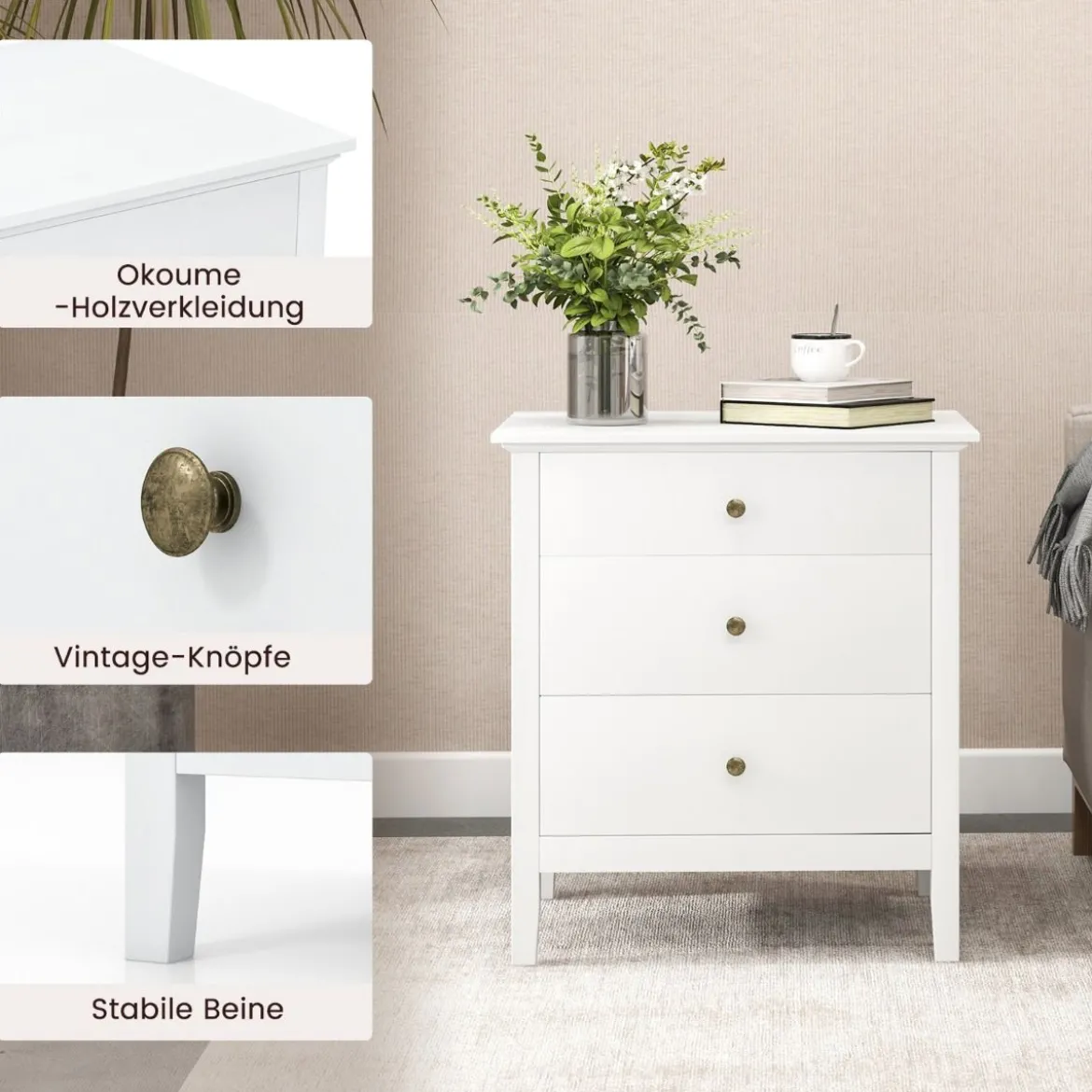 Nachttisch mit 3 Schubladen Nachtschrank für Boxspringbett Nachtkommode Nachtkonsole