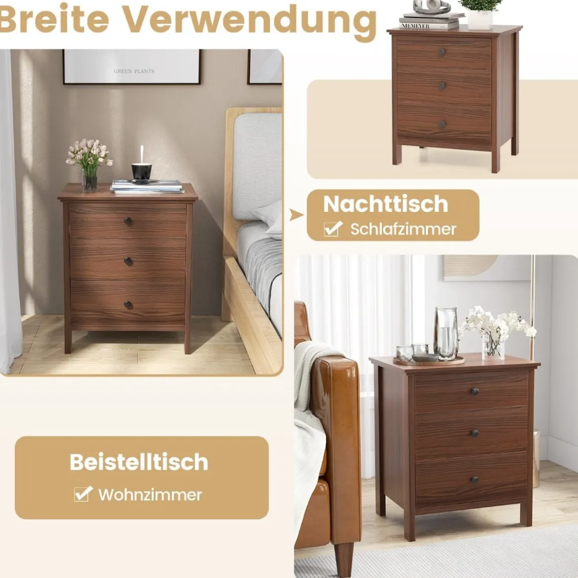 Nachttisch mit 3 Schubladen Nachtschrank für Boxspringbett 56 x 45 x 66 cm Walnuss